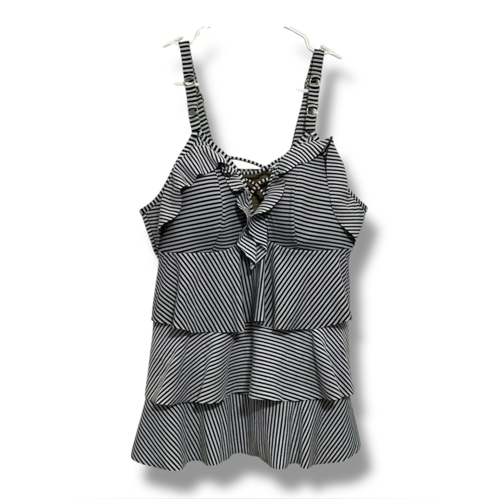 Swim by Cacique Navy White Stripe Ruffle Tankini Top Size 14 Wireless